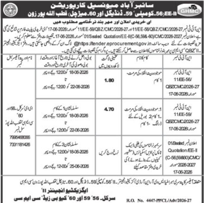 Tender Notice: Maintenance and Procurement Bids by GHMC Quthbullapur Zone