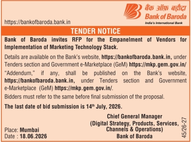 Tender Notice: Marketing Tech Stack Empanelment Bank of Baroda