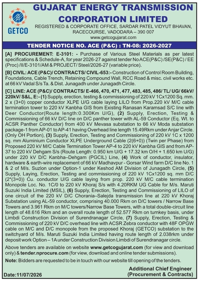 Tender Notice: Material Procurement & Civil Works