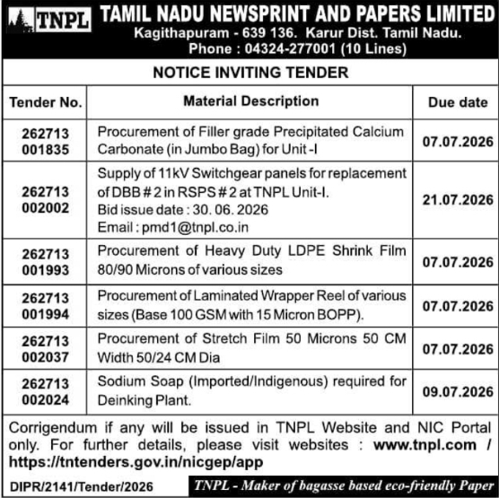 Tender Notice: Material Procurement Tenders by TNPL