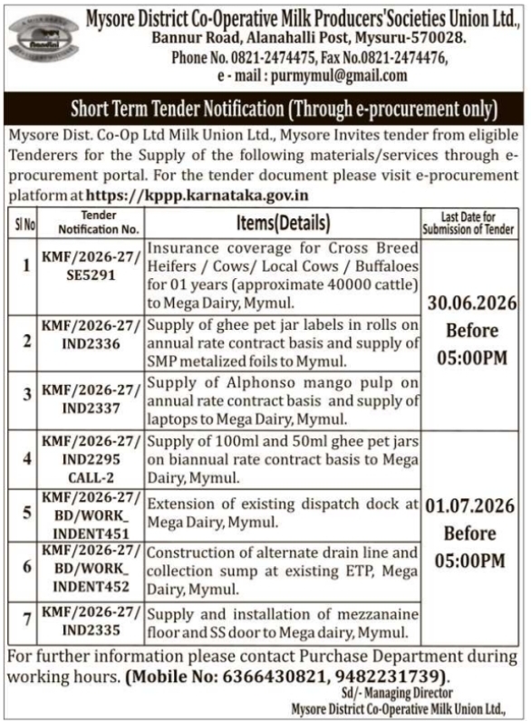 Tender Notice: Materials Supply and Construction Works by Mysore District Milk Union Ltd.