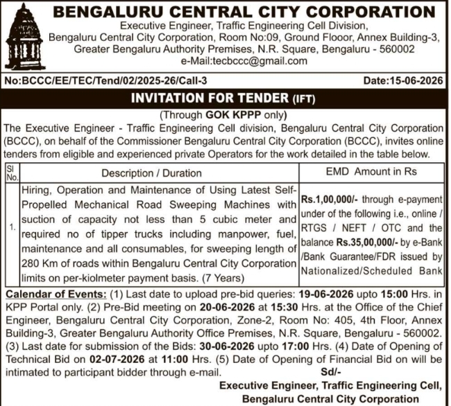 Tender Notice: Mechanical Road Sweeping Services for Bengaluru Central City Corporation