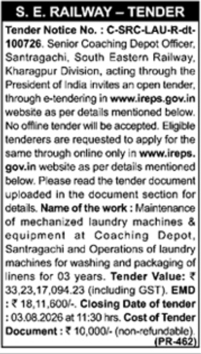 Tender Notice: Mechanized Laundry Maintenance and Operations at Santragachi