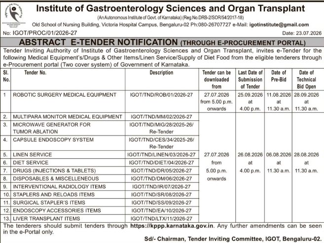 Tender Notice: Medical Equipment and Services (Institute of Gastroenterology Sciences)
