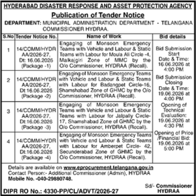 Tender Notice: Monsoon Emergency Teams for HYDRAA Telangana