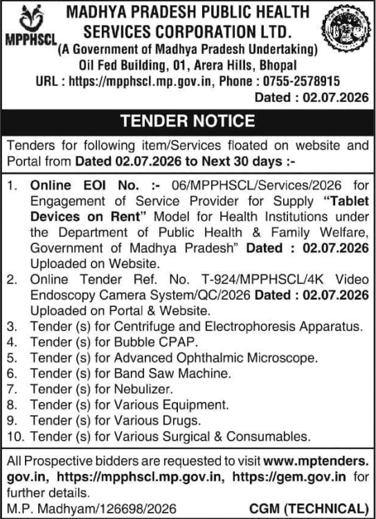Tender Notice: MPPHSCL Medical Equipment & Services