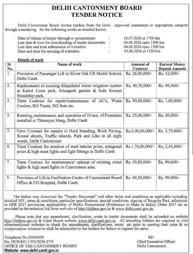 Tender Notice: Multiple Infrastructure & Maintenance Works at Delhi Cantonment Board