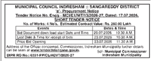 Tender Notice: Municipal Council Indresham, Sangareddy