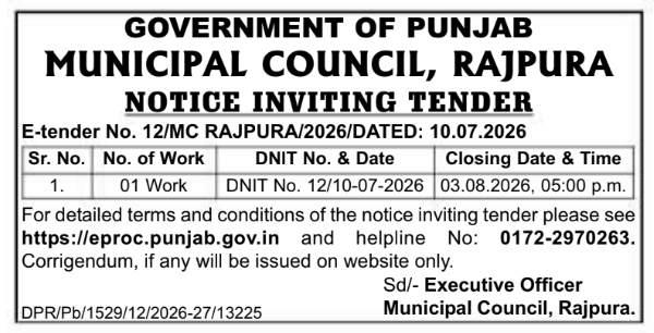 Tender Notice: Municipal Council Rajpura Infrastructure Project