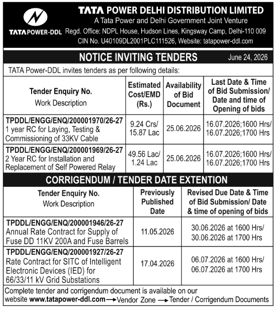 Tender Notice: New Bids and Date Extensions by TATA Power-DDL