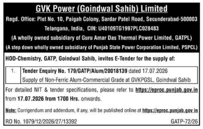 Tender Notice: Non-Ferric Alum Chemical Supply