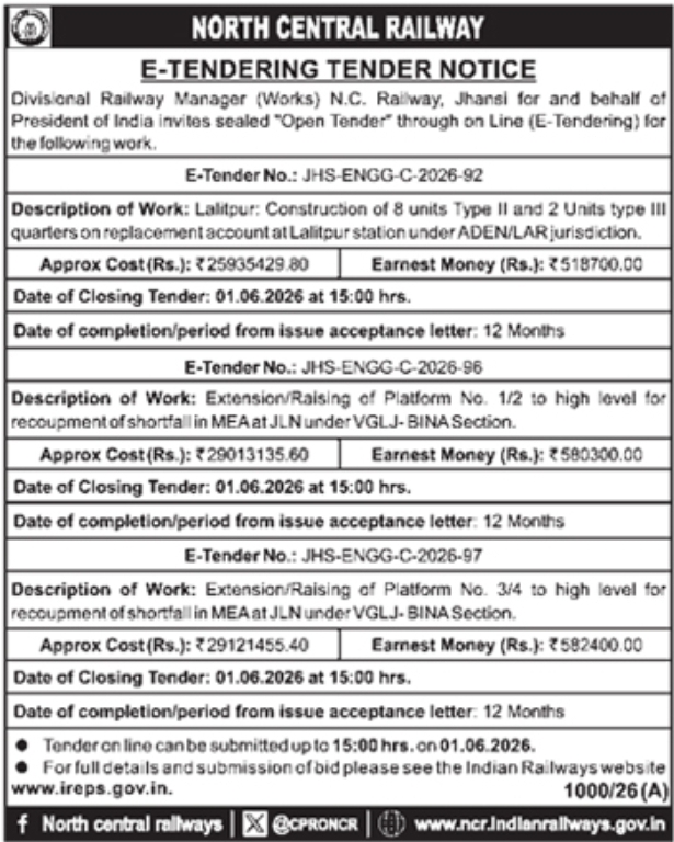Tender Notice: North Central Railway Construction Works