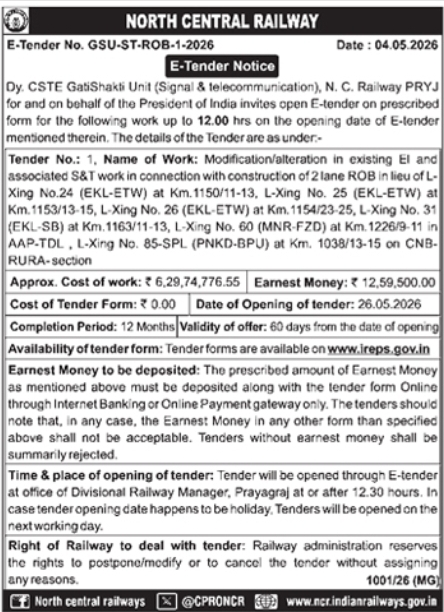 Tender Notice: North Central Railway ROB S&T Works
