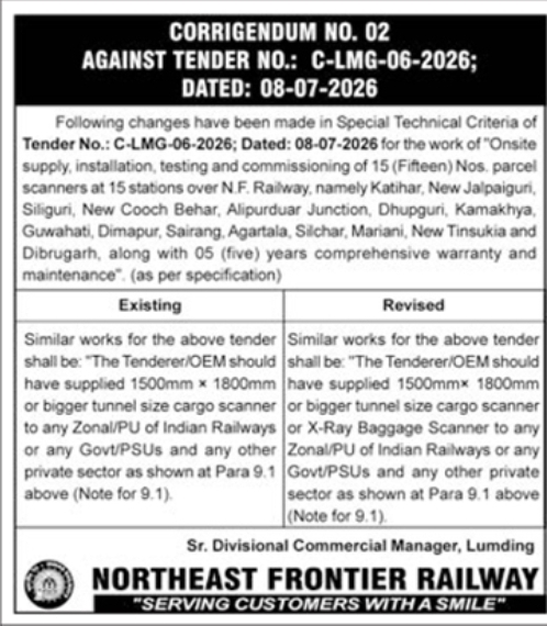 Tender Notice: Northeast Frontier Railway Corrigendum