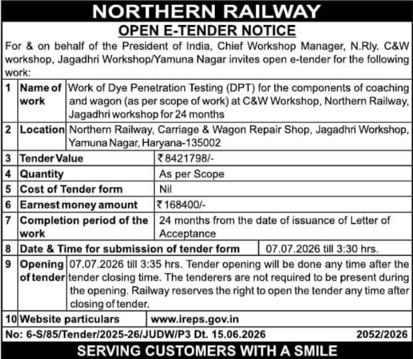 Tender Notice: Northern Railway Dye Penetration Testing