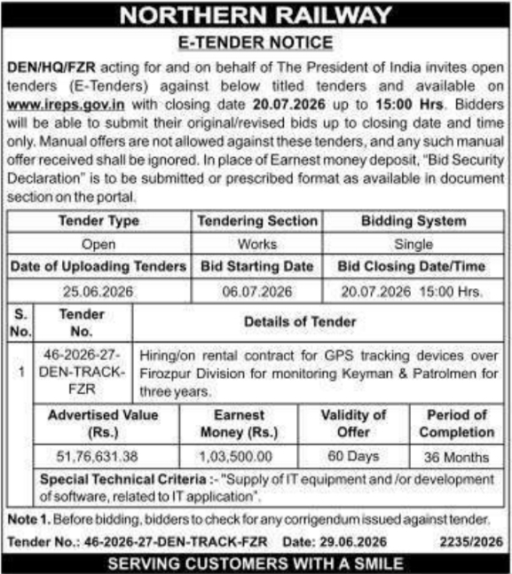 Tender Notice: Northern Railway GPS Tracking Devices Rental Contract