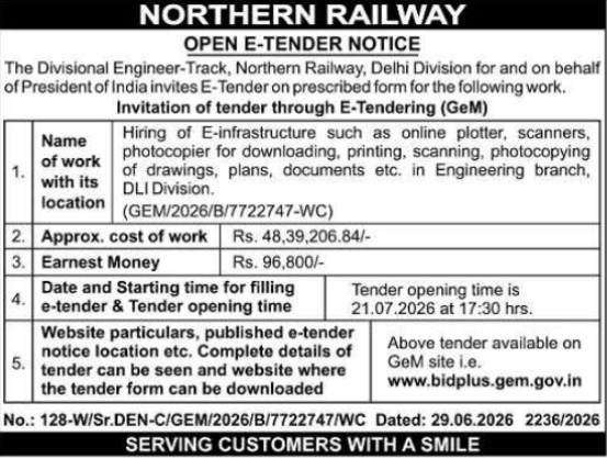 Tender Notice: Northern Railway Hiring of E-infrastructure