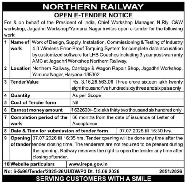 Tender Notice: Northern Railway Industry 4.0 Torquing System
