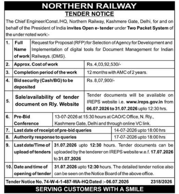 Tender Notice: Northern Railway, Kashmere Gate, Delhi