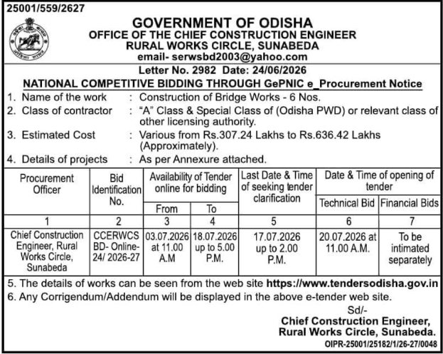 Tender Notice: Odisha Rural Works Circle Bridge Construction