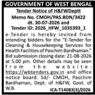 Tender Notice of H&FW Deptt for Cleaning and Housekeeping Services