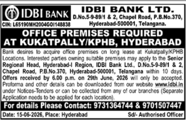 Tender Notice: Office Premises Required for IDBI Bank in Kukatpally/KPHB