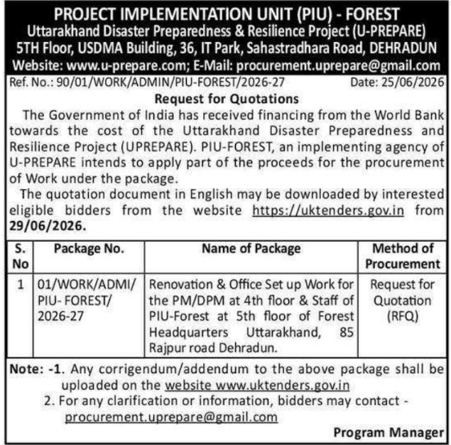 Tender Notice: Office Renovation RFQ by Uttarakhand PIU-Forest