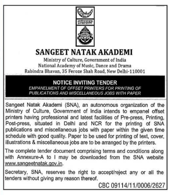 Tender Notice: Offset Printers Empanelment for Publications