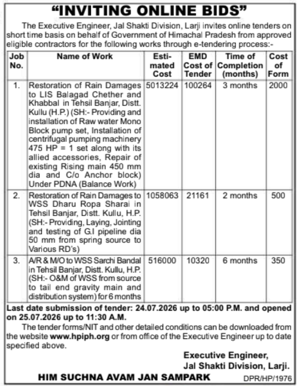 Tender Notice: Online Bids for Jal Shakti Division, Larji
