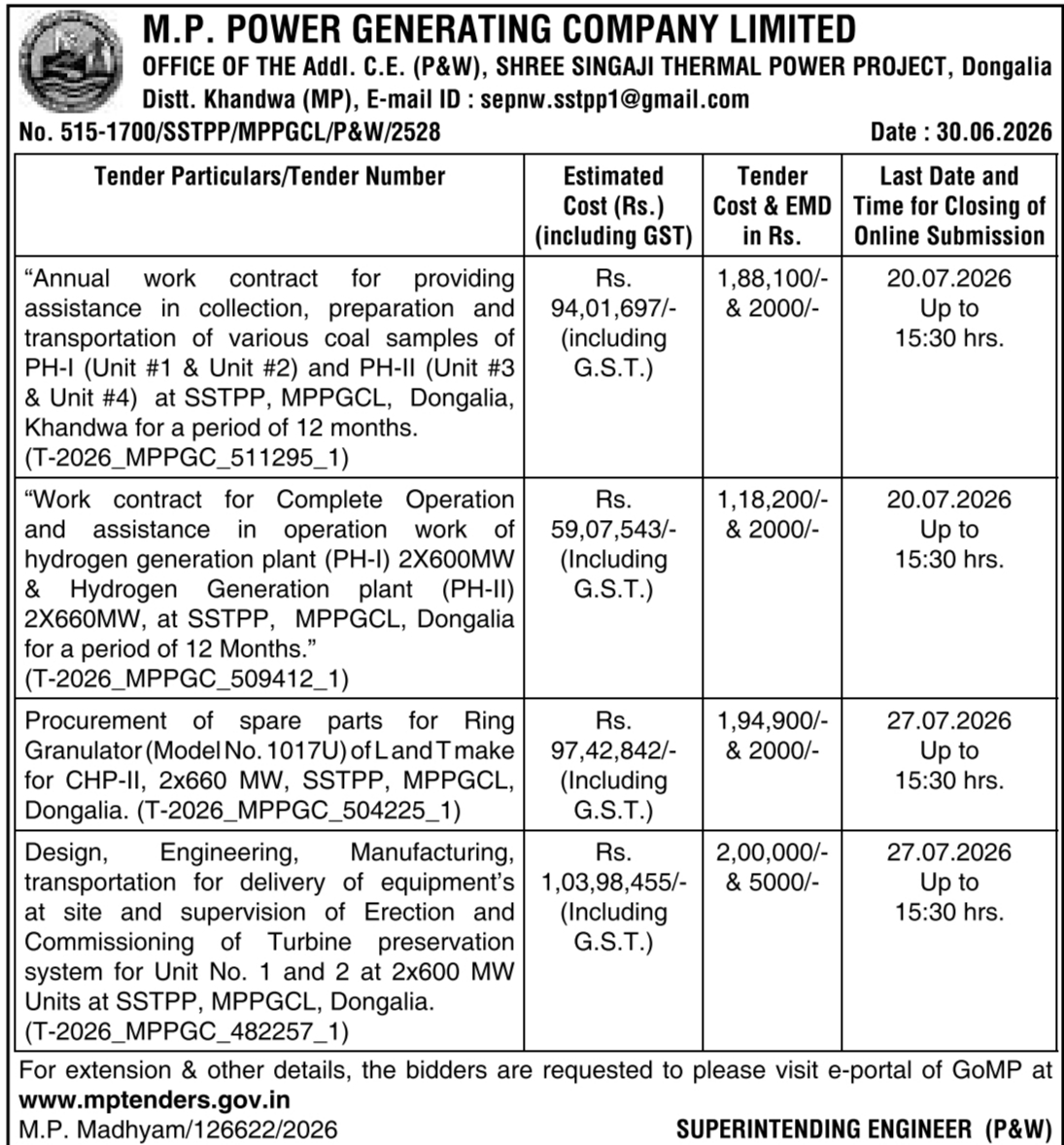 Tender Notice: Operations and Procurement Works at MPPGCL, Khandwa