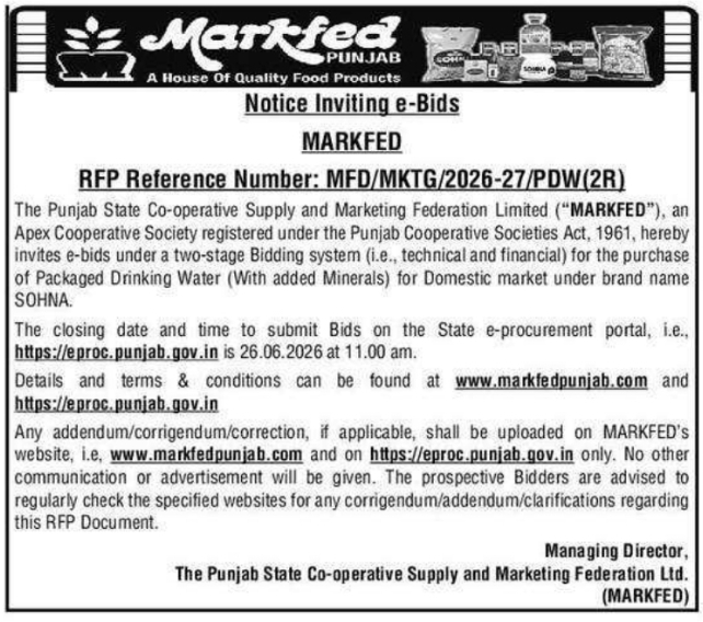 Tender Notice: Packaged Drinking Water Purchase MARKFED Punjab