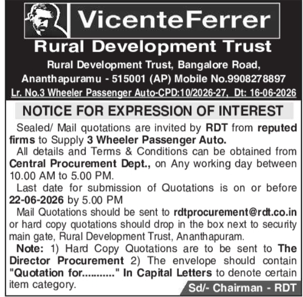 Tender Notice: Passenger Auto Supply for Vicente Ferrer Rural Development Trust