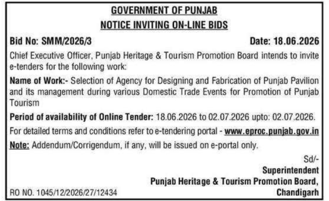 Tender Notice: Pavilion Design and Management Punjab Heritage & Tourism Promotion Board