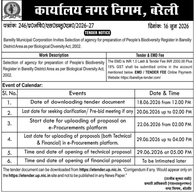 Tender Notice: People's Biodiversity Register Preparation by Bareilly Municipal Corporation