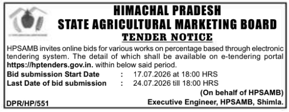 Tender Notice: Percentage Based Development Works by Himachal Pradesh State Agricultural Marketing Board