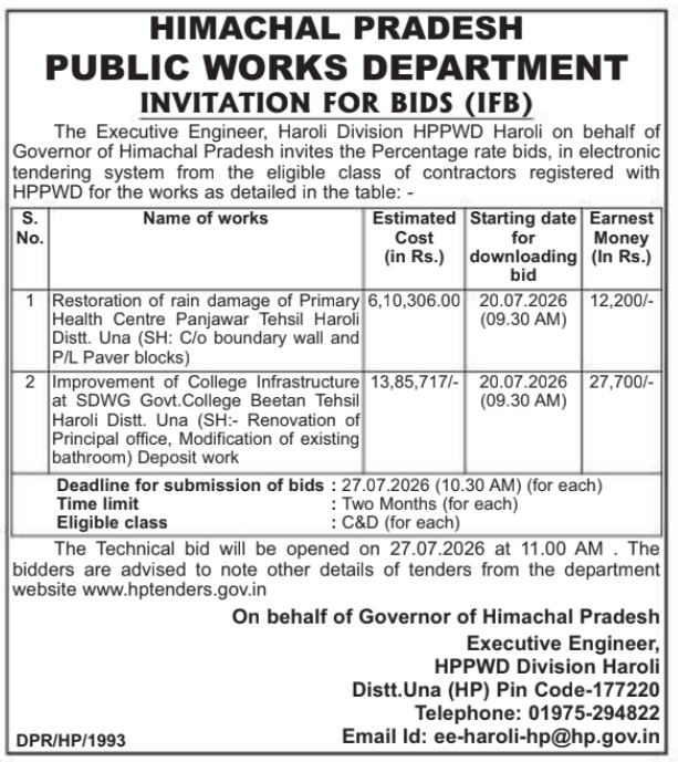 Tender Notice: Percentage Rate Bids for HPPWD Division, Haroli