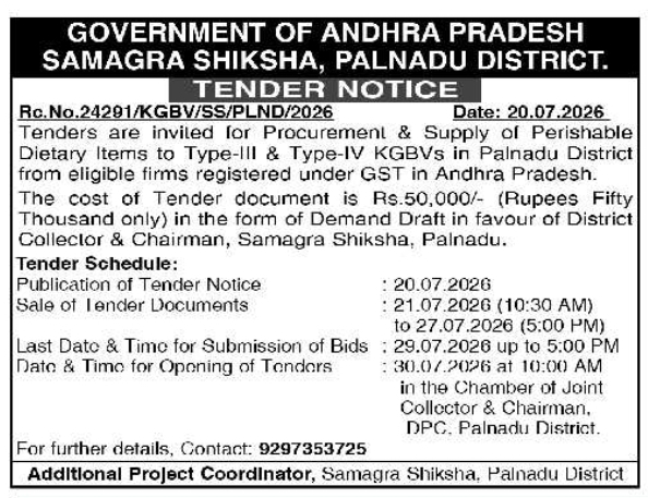 Tender Notice: Perishable Dietary Supplies Samagra Shiksha Palnadu District