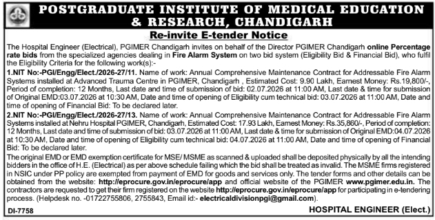 Tender Notice: PGIMER Chandigarh Fire Alarm System Maintenance
