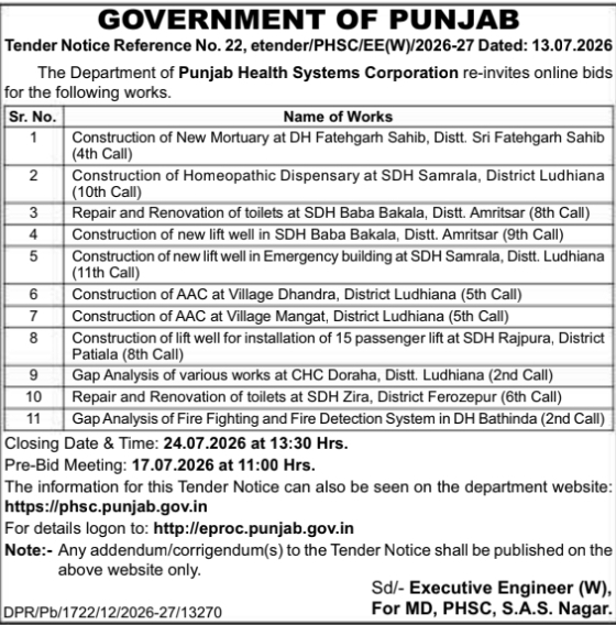 Tender Notice: PHSC Punjab Hospital Infrastructure Works