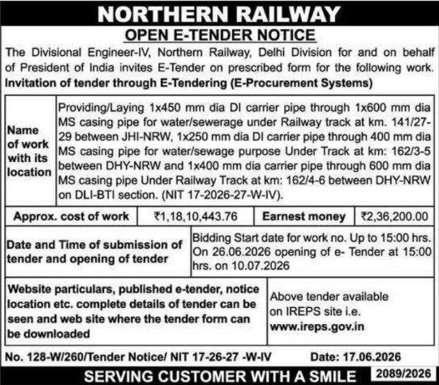 Tender Notice: Pipeline Infrastructure Engineering Northern Railway
