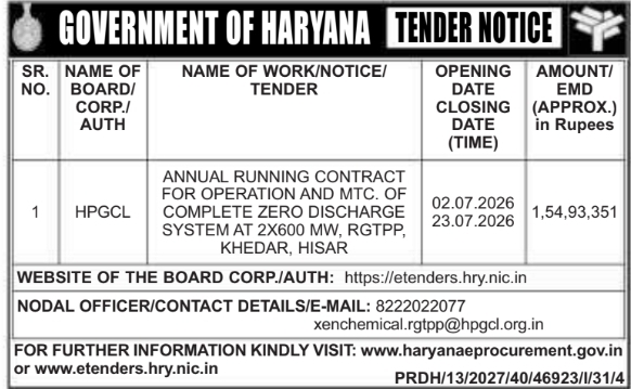 Tender Notice: Plant Operation and Maintenance Contract