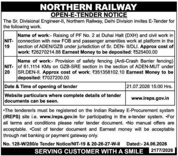 Tender Notice: Platform Raising and Safety Fencing Works by Northern Railway