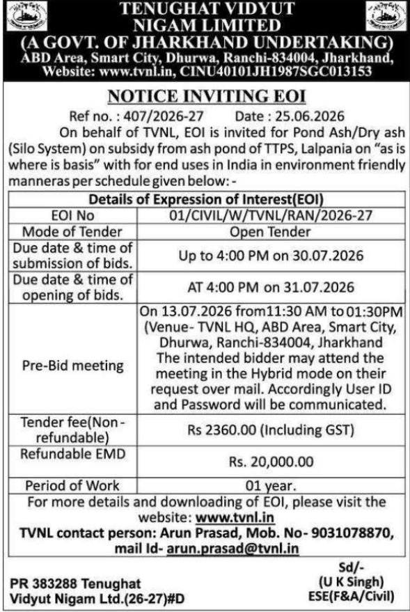 Tender Notice: Pond Ash EOI by Tenughat Vidyut Nigam Limited