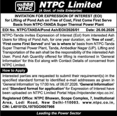 Tender Notice: Pond Ash Lifting EOI by NTPC Limited