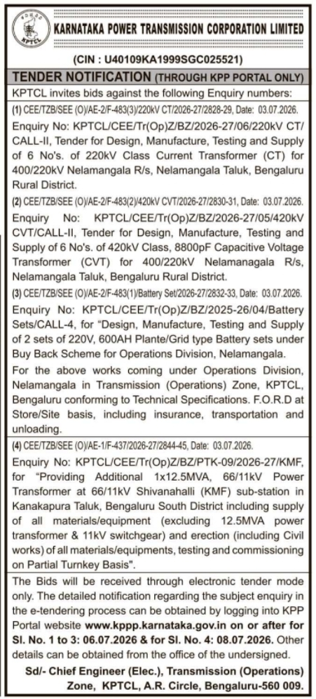 Tender Notice: Power Equipment Supply and Erection by KPTCL
