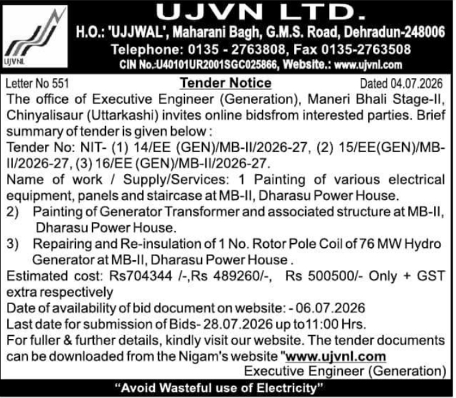 Tender Notice: Power House Maintenance by UJVN Ltd