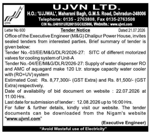 Tender Notice: Power House Supply & Maintenance (UJVN Ltd.)