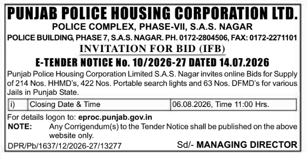Tender Notice: PPHC Punjab Jails Security Equipment Supply