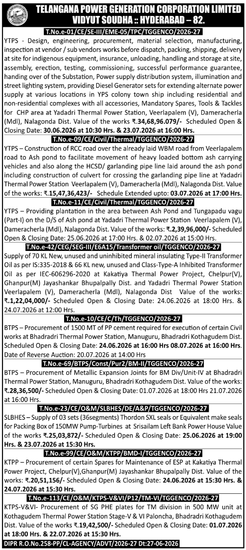 Tender Notice: Procurement and Engineering Works by TSGENCO