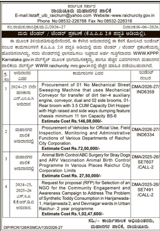Tender Notice: Procurement and Municipal Services Raichur City Corporation